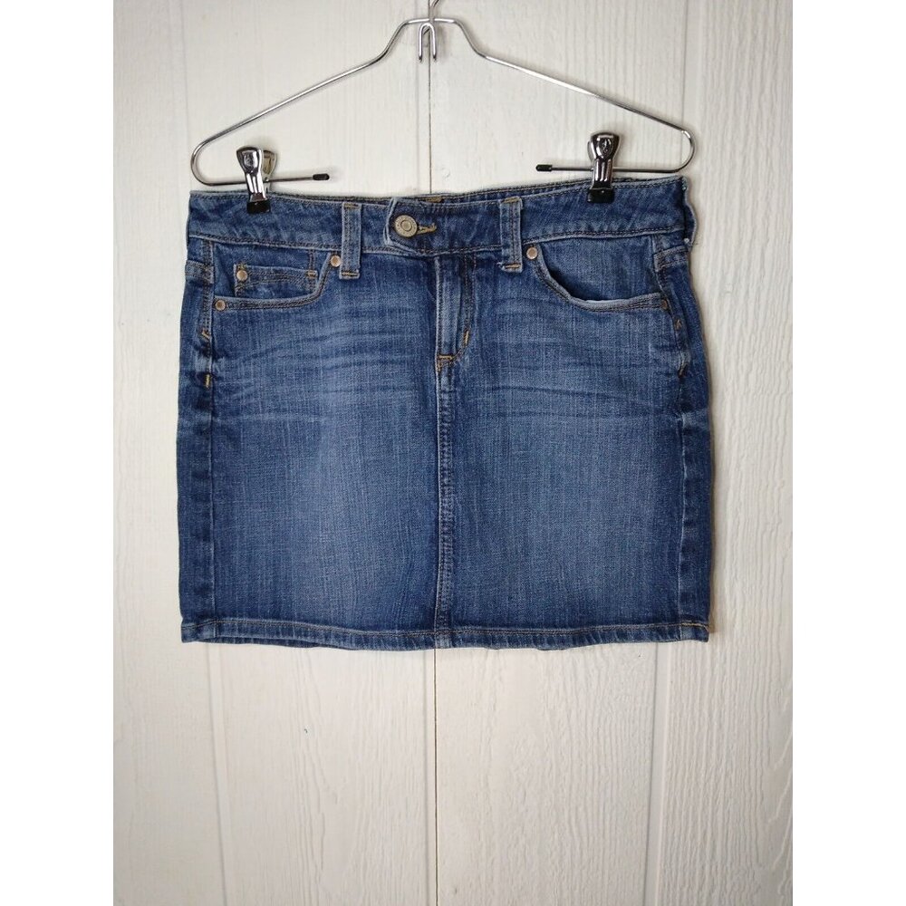 Gap Jean Mini Skirt Womens Sz 4 Blue Medium Wash Short Whiskers Stretch